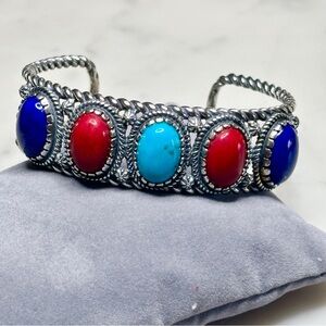 American West Sterling Silver Bracelet with Red, Blue, and Turquoise Stones